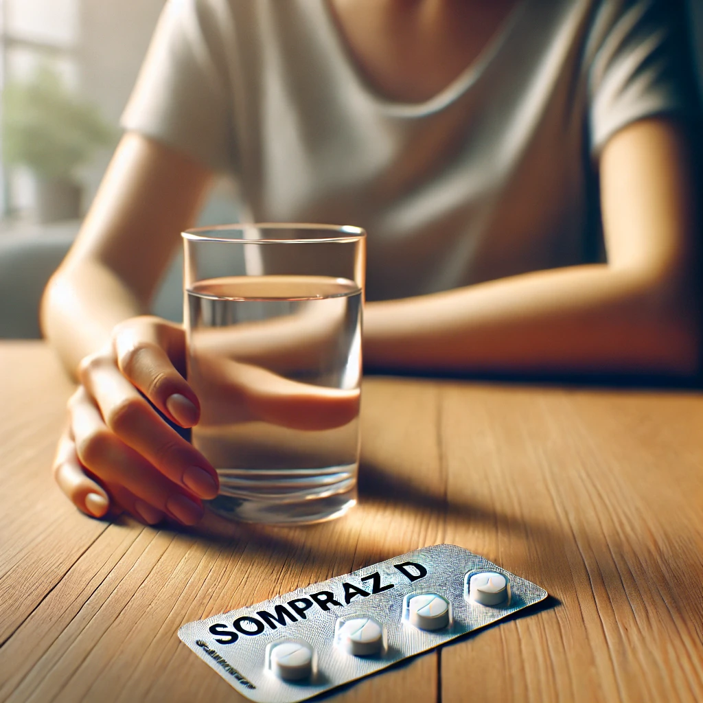 Pills of Sompraz D on a medicine strip with glasses of water placed on a wooden table.