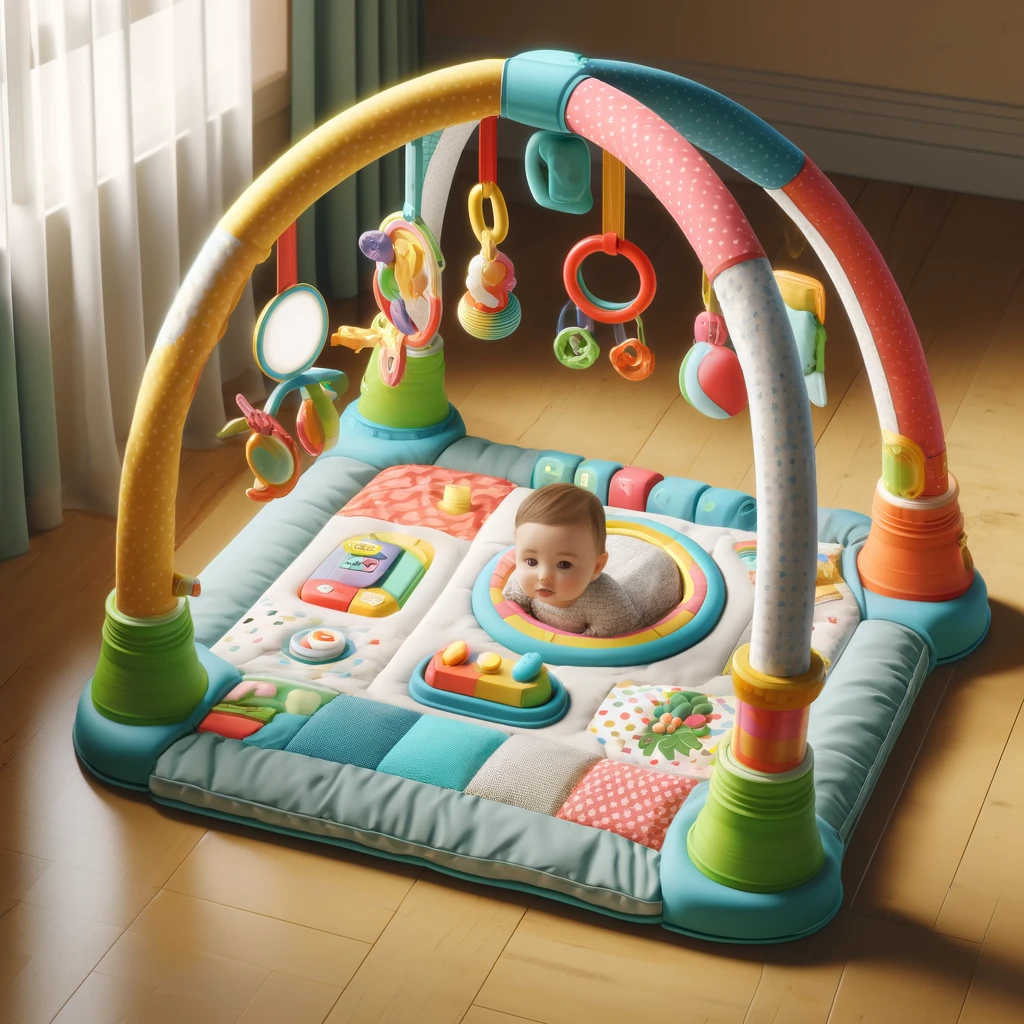 Portable and bright activity gym with novelty features such as zippers and switches for a toddler.