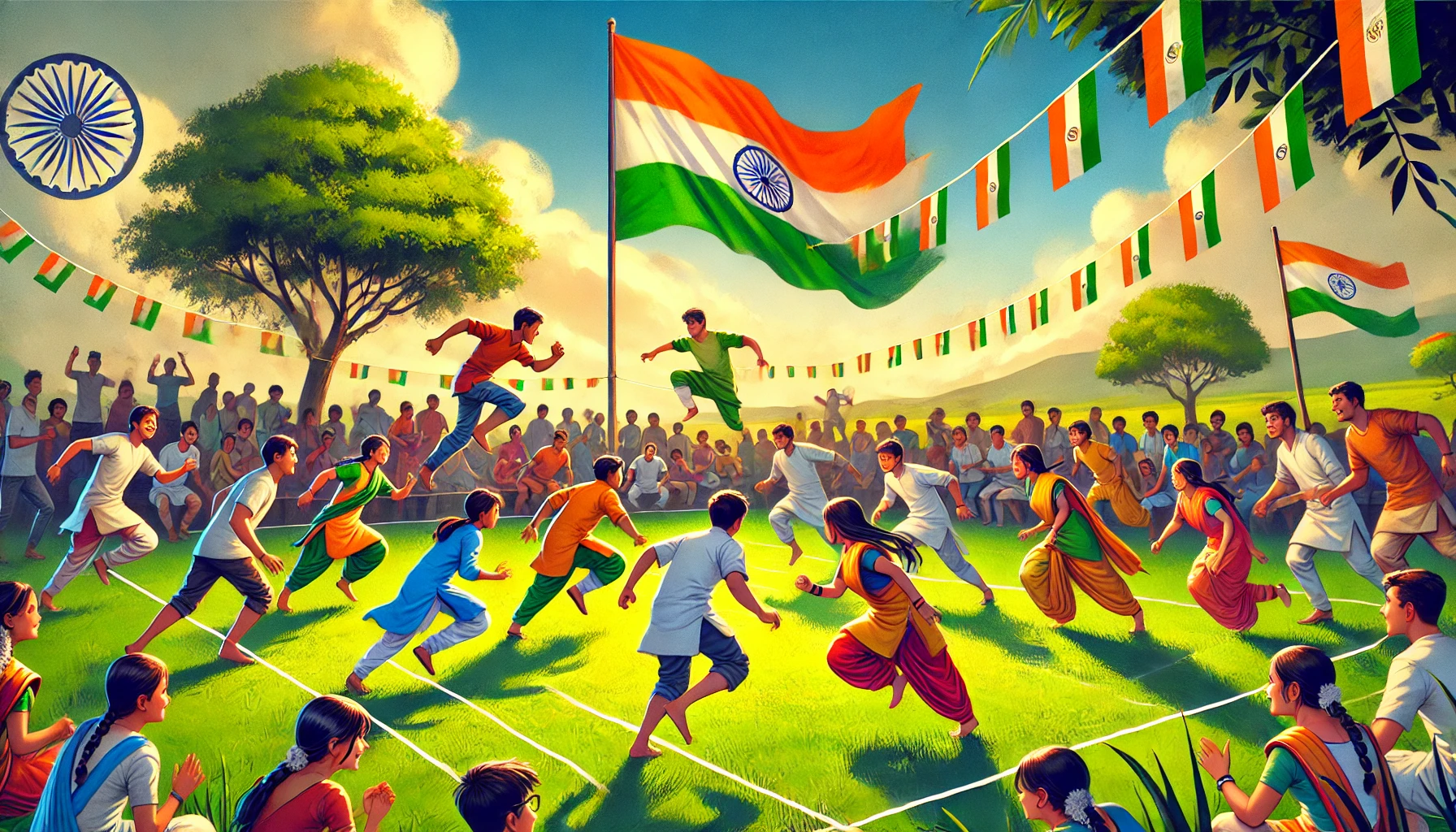 Students participating in the Tiranga Game, with the Indian national flag in the background, fostering national pride and unity.