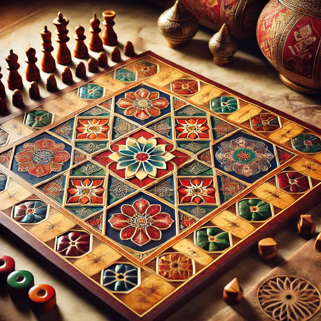 Shalimar Game board with pieces set for play, showcasing a traditional design.